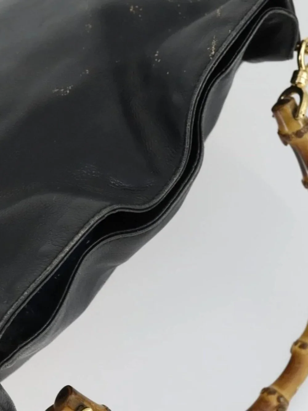 GUCCI Bamboo Hand Bag Leather Black Gold Auth 170494